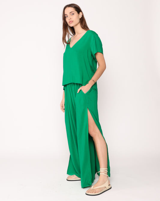 Kelly Green Linen Blend Flowy Pant