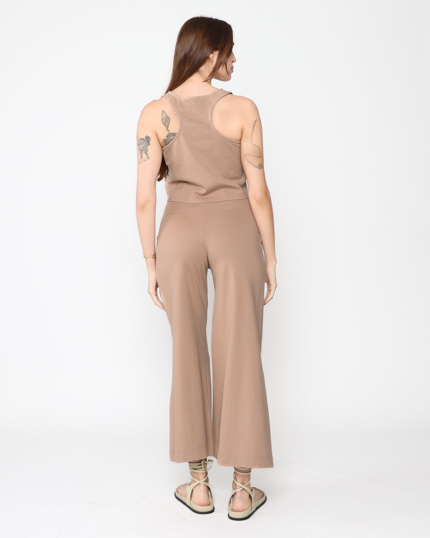 Khaki Ponte Knit Wide Leg Pant: Cropped
