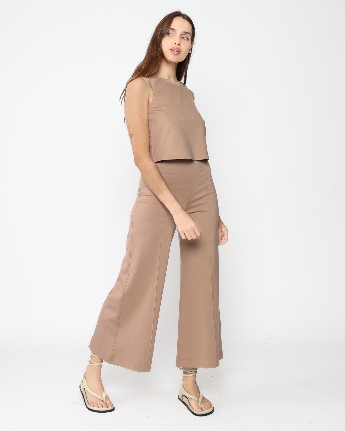 Khaki Ponte Knit Wide Leg Pant: Cropped