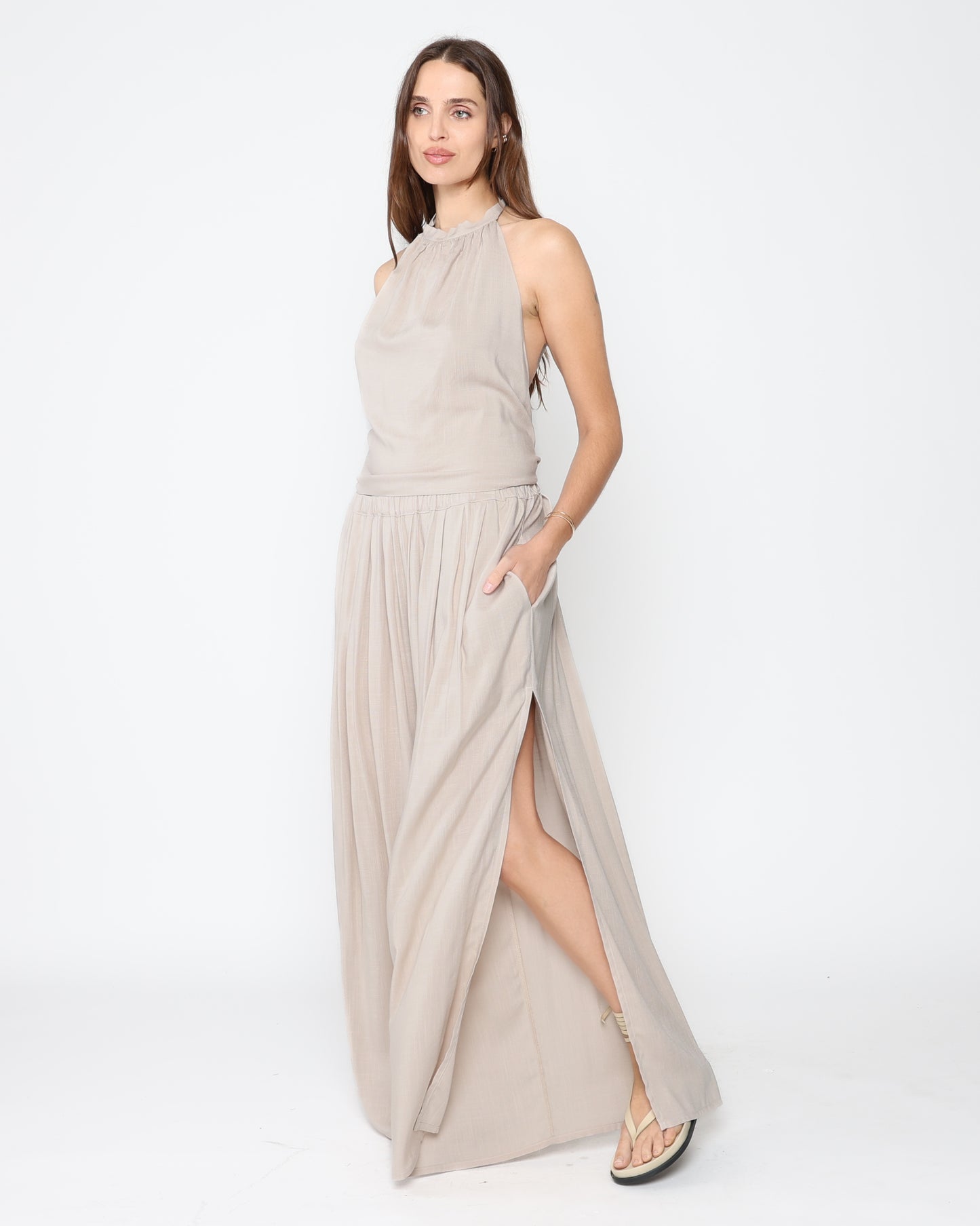 Sand Linen Blend Tie Back Halter Top