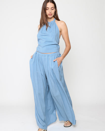 Chambray Linen Blend Tie Back Halter Top