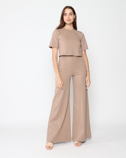 Khaki Ponte Knit Long Wide Leg Pant