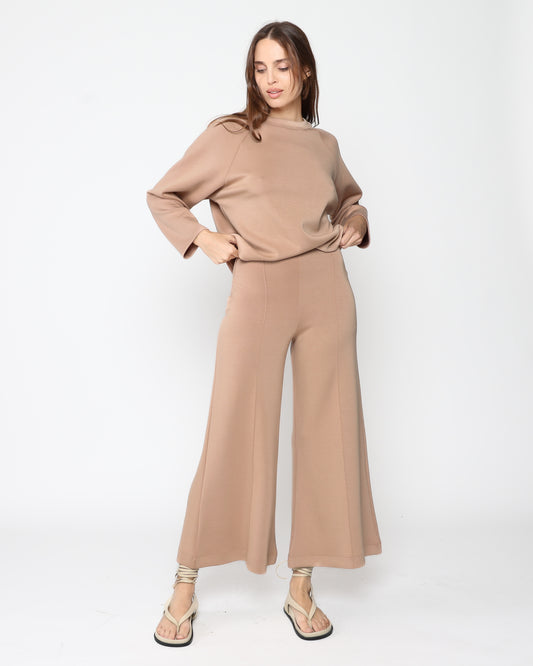 Tan Scuba Cropped Wide Leg Pant