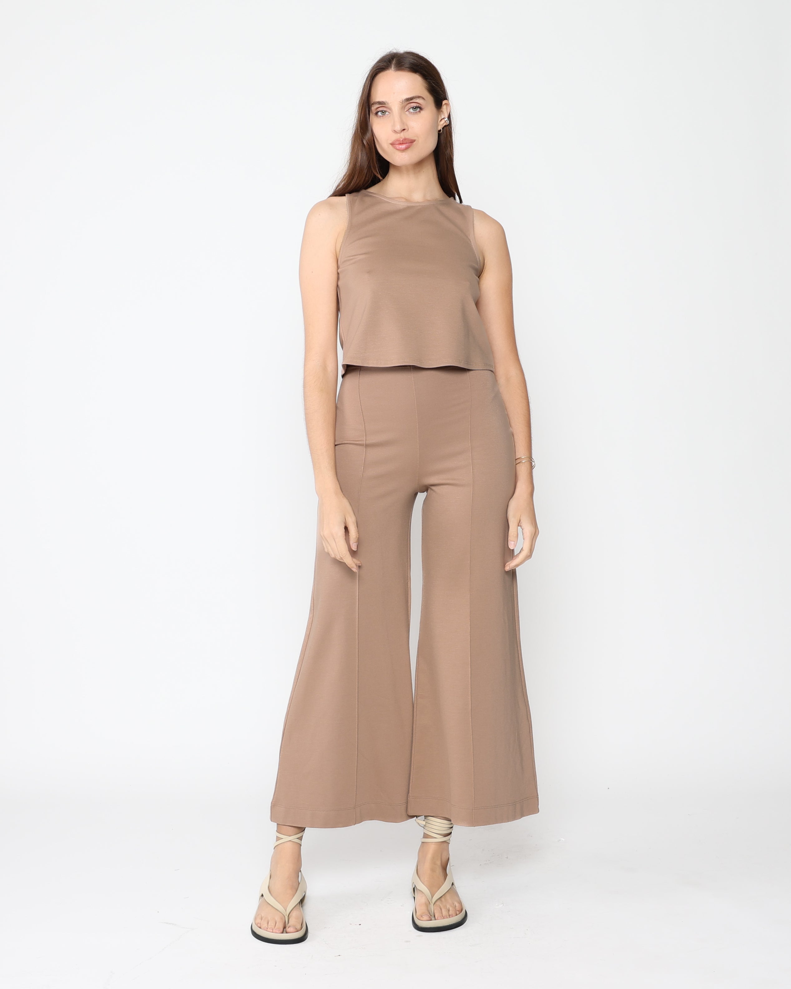 Khaki Ponte Knit Cropped Wide Leg Pant