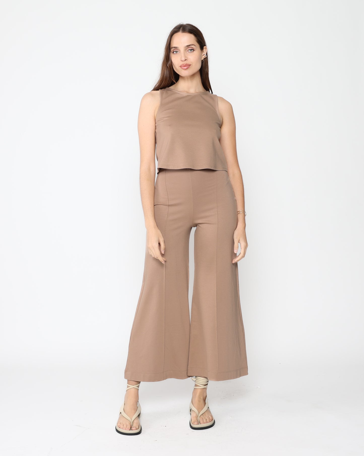 Khaki Ponte Knit Wide Leg Pant: Cropped