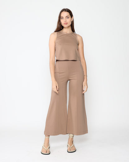 Khaki Ponte Knit Wide Leg Pant: Cropped