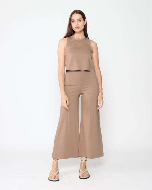 Khaki Ponte Knit Wide Leg Pant: Cropped