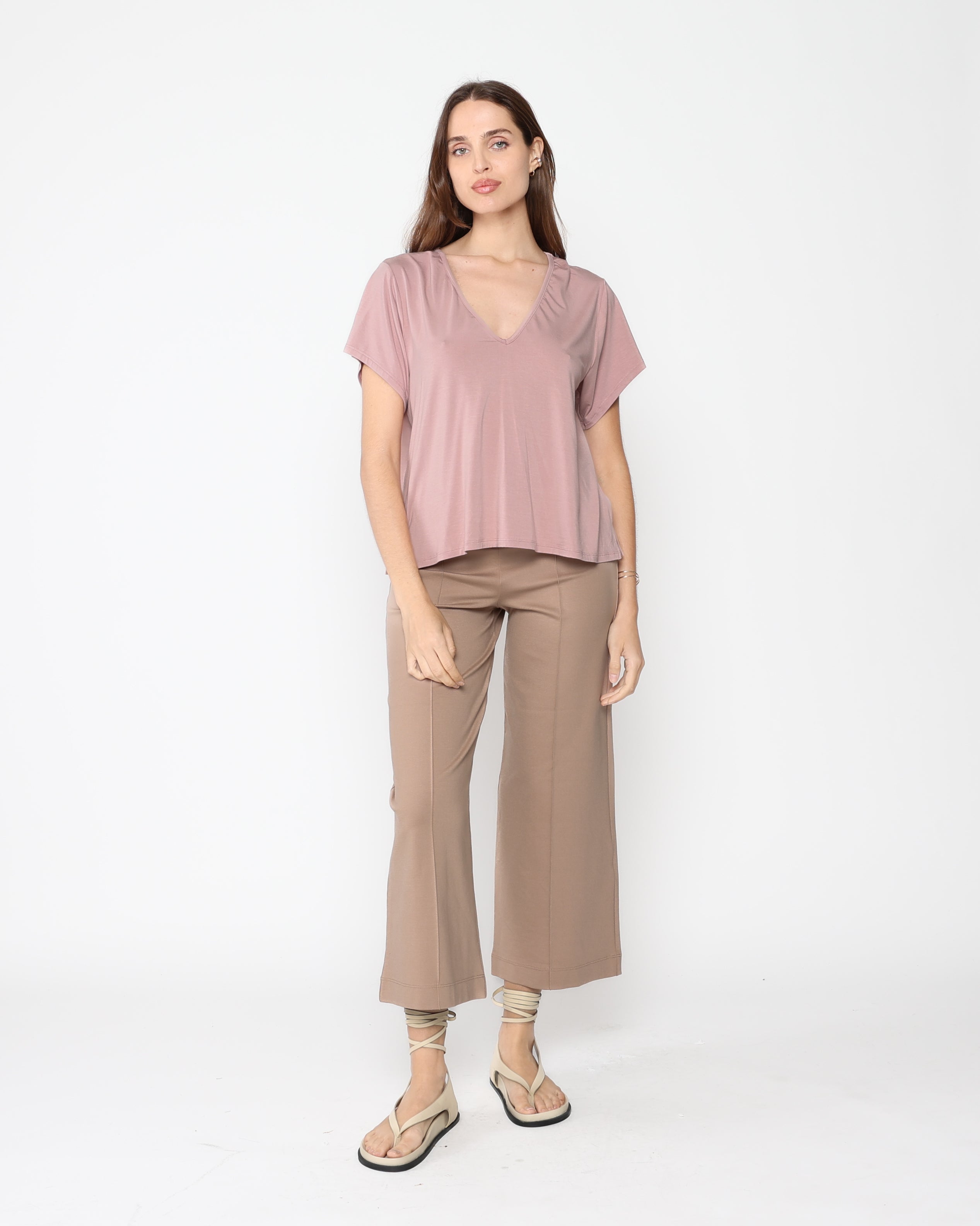 Khaki Ponte Knit Cropped Straight Leg Pant