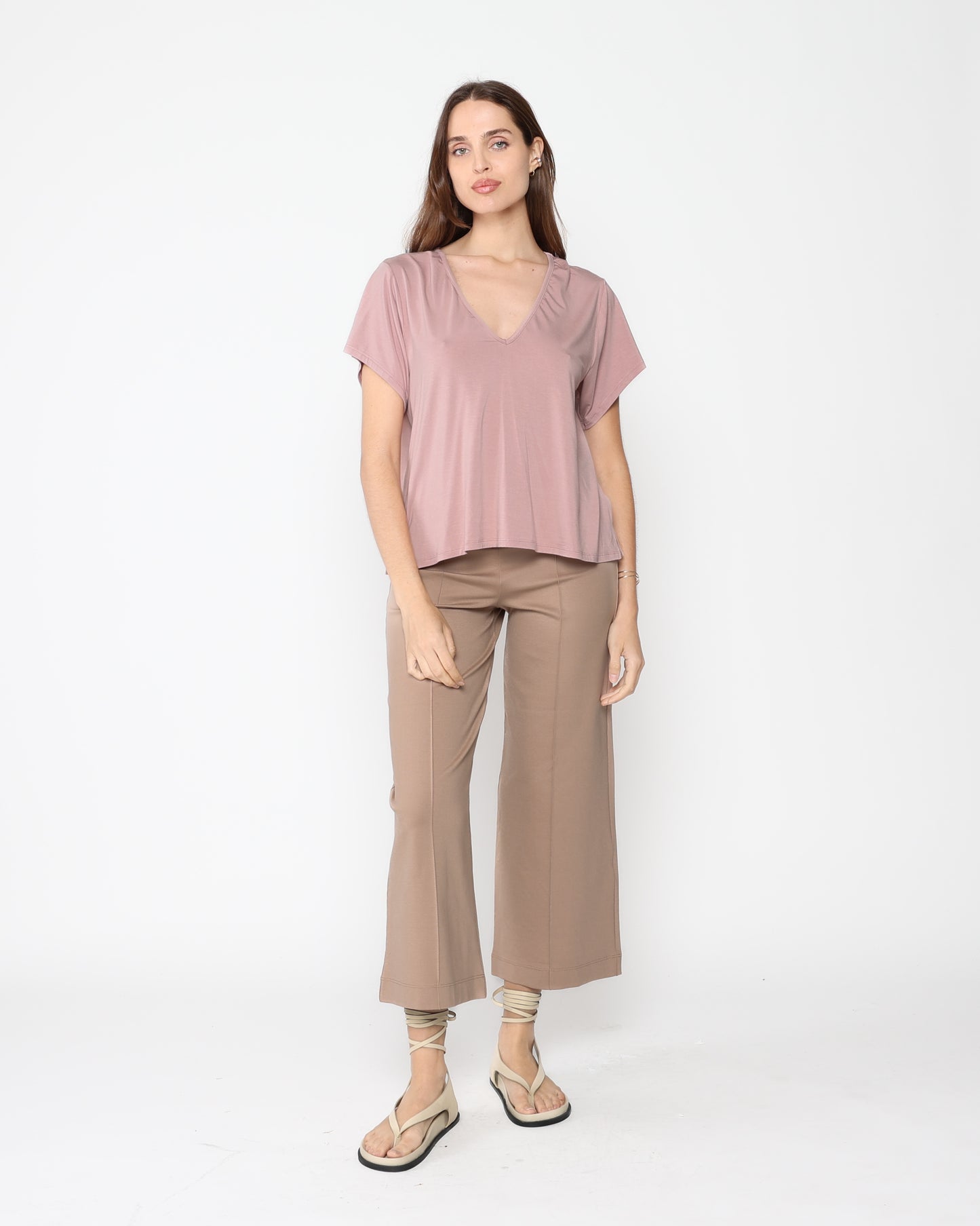 Khaki Ponte Knit Cropped Straight Leg Pant