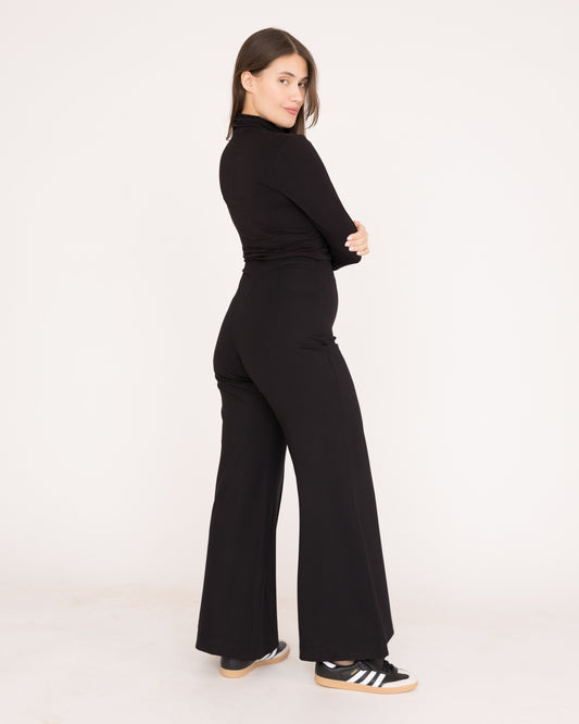Black Ponte Knit Standard Wide Leg Pant