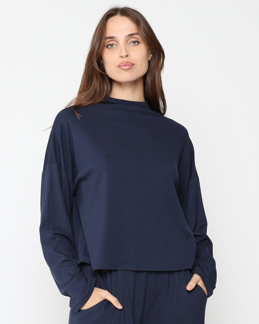 Navy Jersey Funnel Neck Top