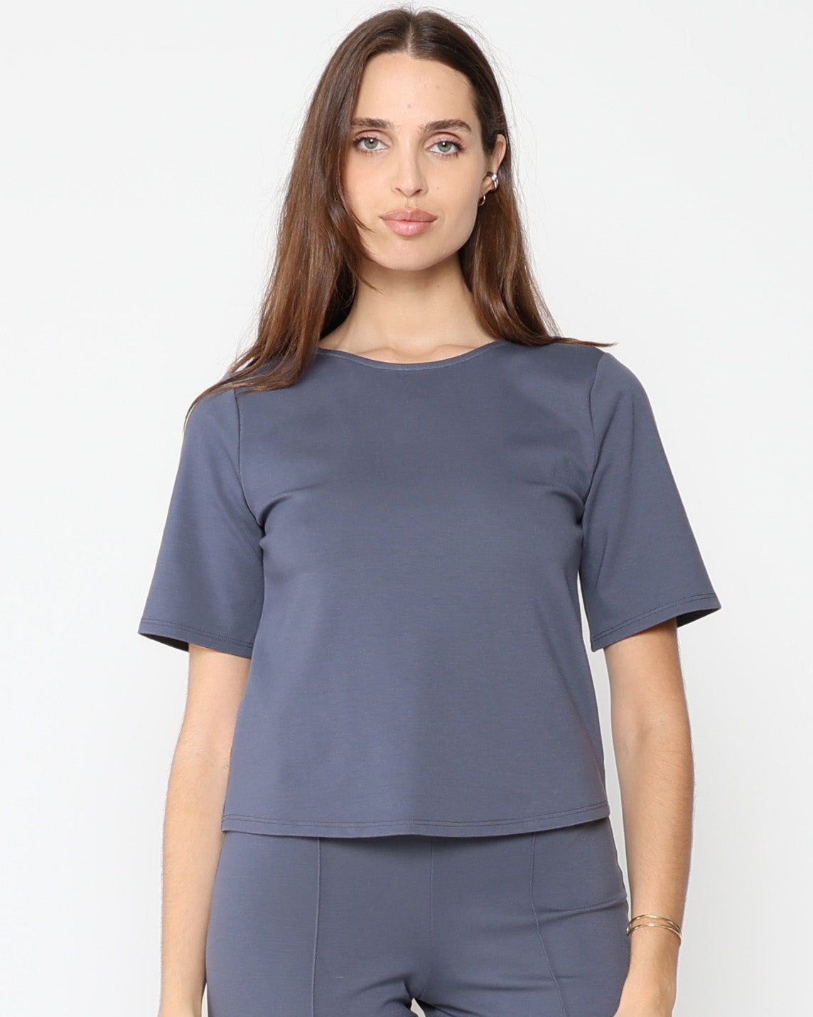 Sea Blue Ponte Knit Extended Short Sleeve Top