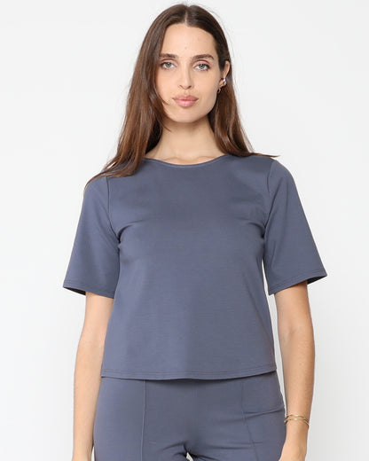 Sea Blue Ponte Knit Extended Short Sleeve Top