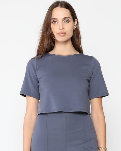 Sea Blue Ponte Knit Short Sleeve Top
