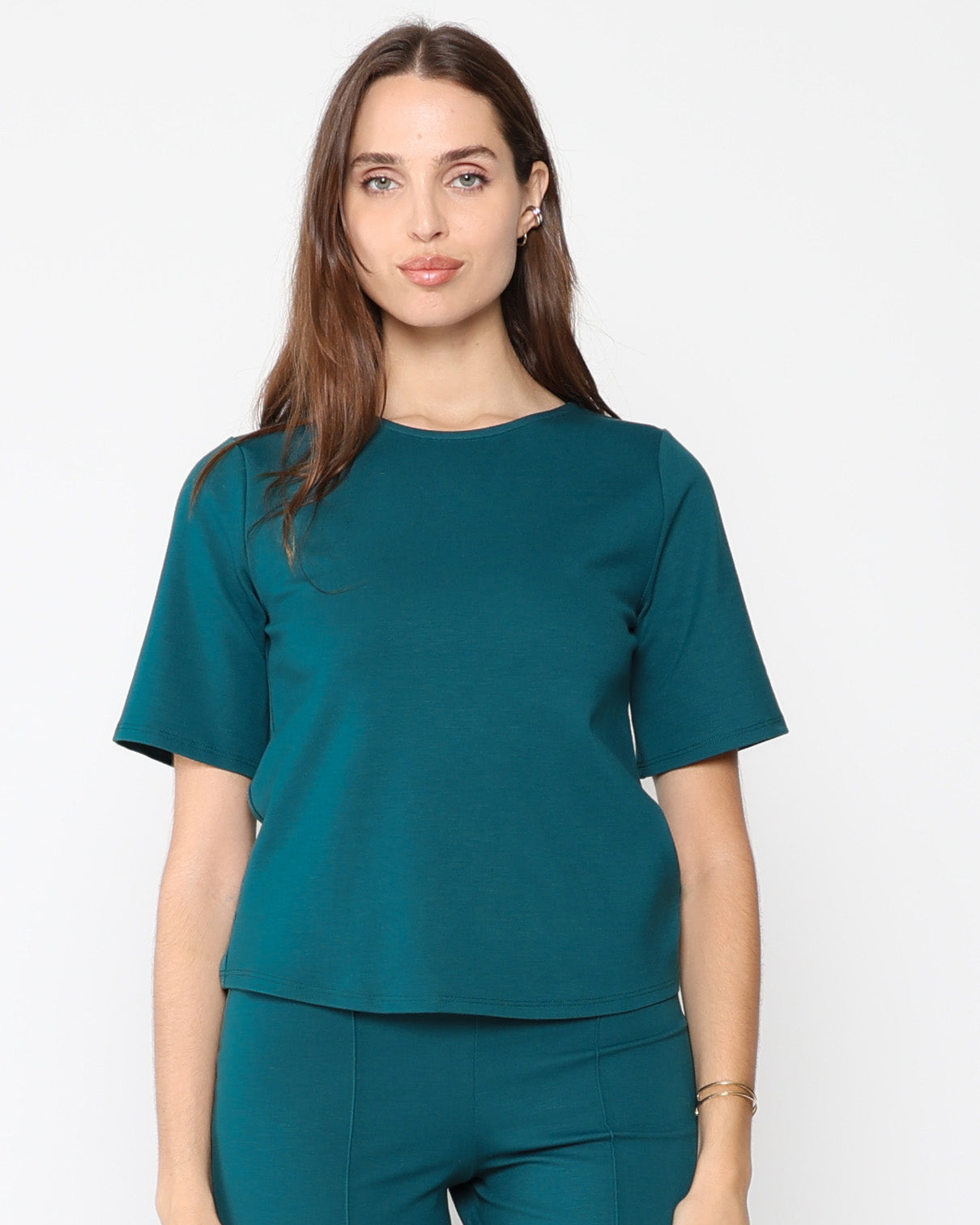 Teal Ponte Knit Extended Short Sleeve Top