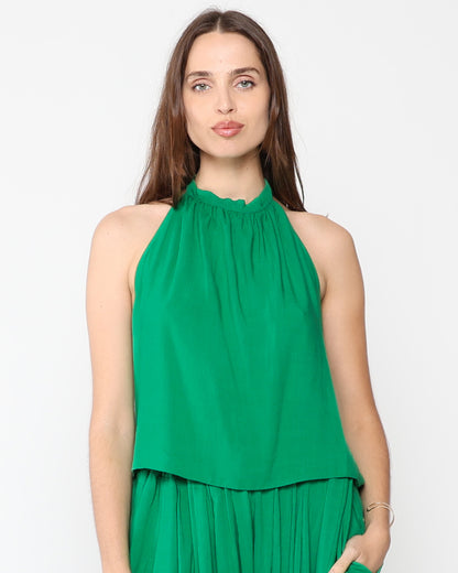 Kelly Green Linen Blend Tie Back Halter Top