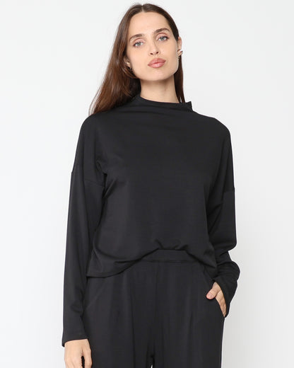 Black Jersey Funnel Neck Top