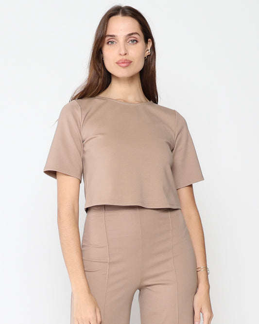 Khaki Ponte Knit Short Sleeve Top