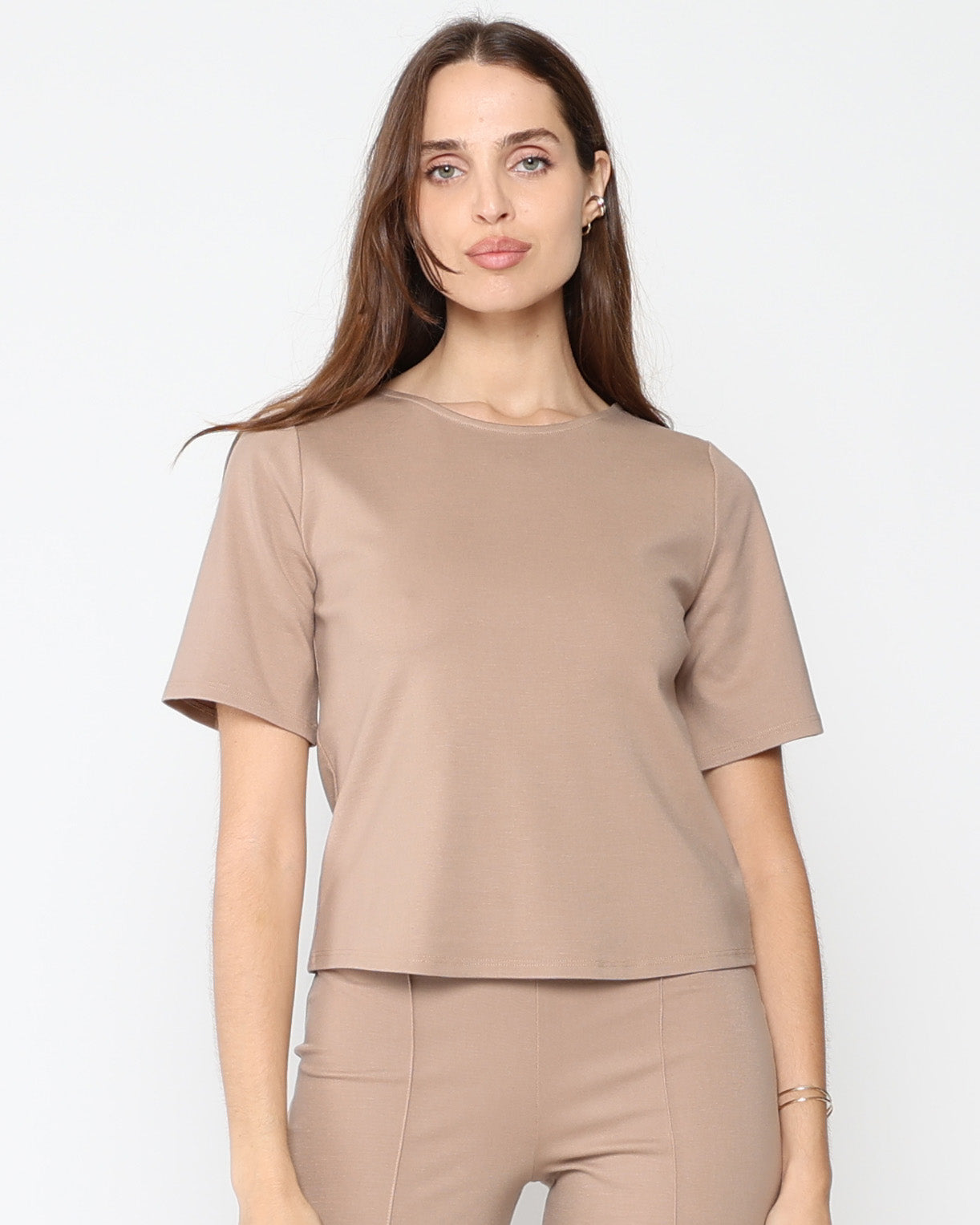 Khaki Ponte Knit Extended Short Sleeve Top