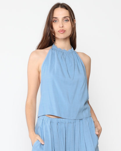 Chambray Linen Blend Tie Back Halter Top