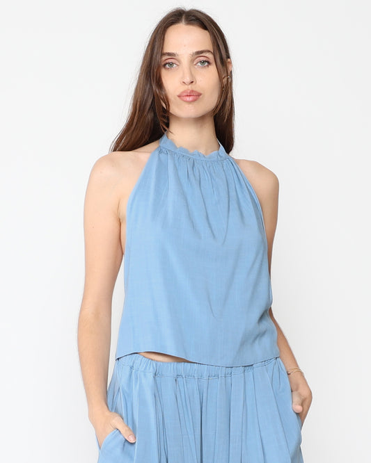 Chambray Linen Blend Tie Back Halter Top