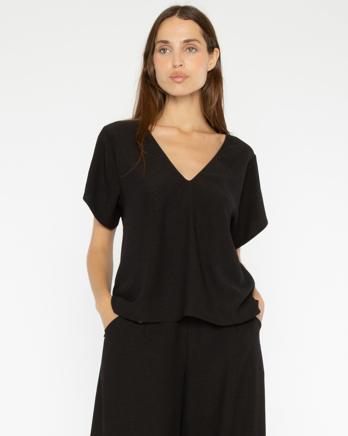 Black Satin Crepe Everyday V Neck