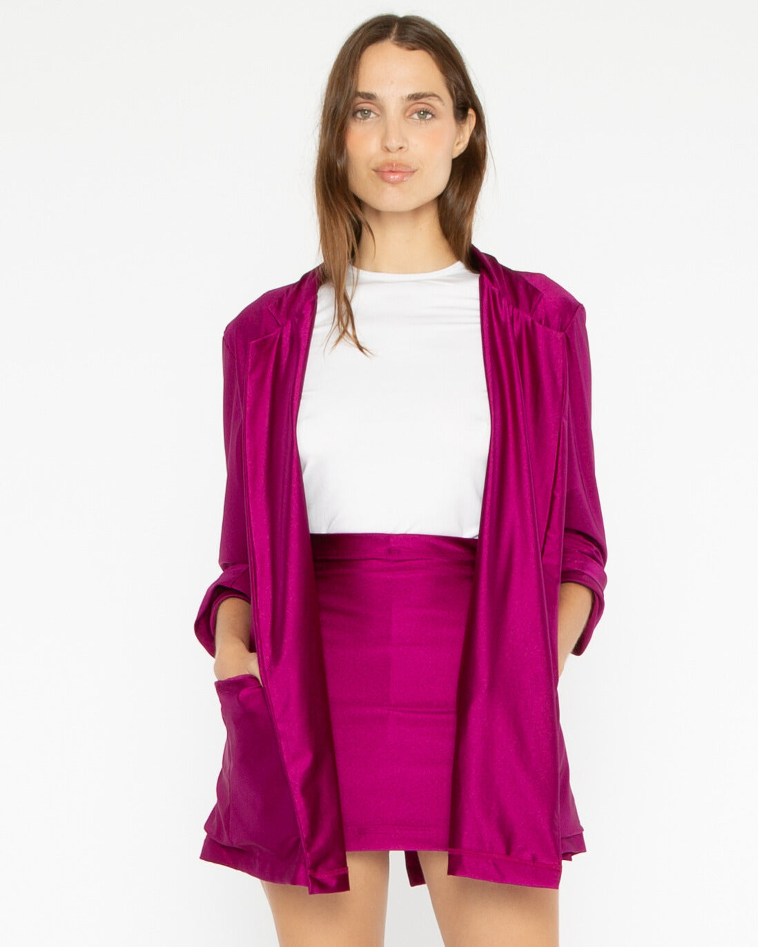 Magenta Sateen Stretch Oversized Blazer