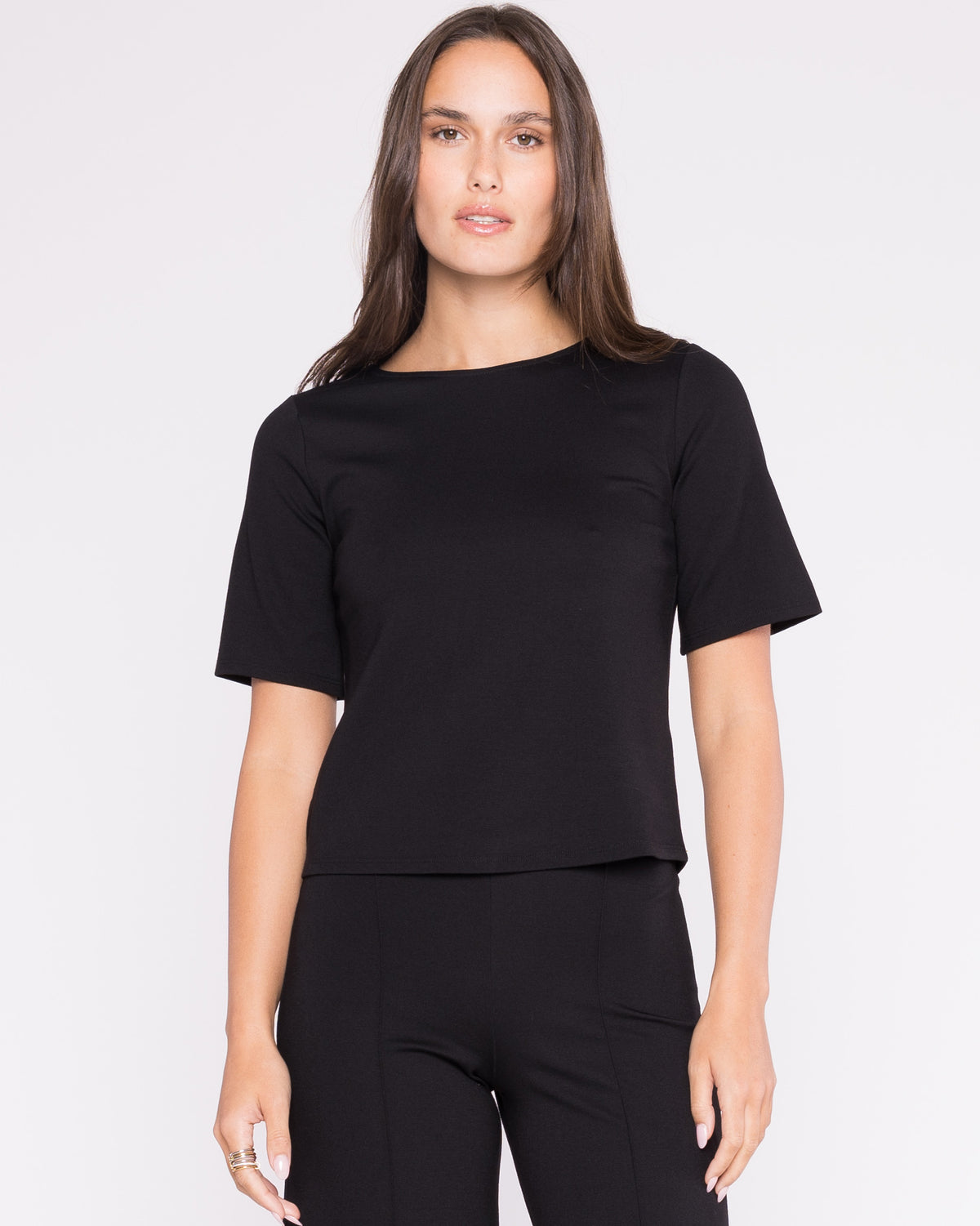 Black Ponte Knit Short Sleeve Top Extended