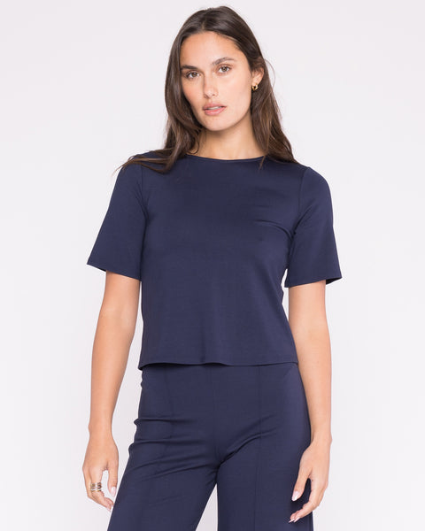 Navy Ponte Knit Short Sleeve Top Extended | Ripley Rader