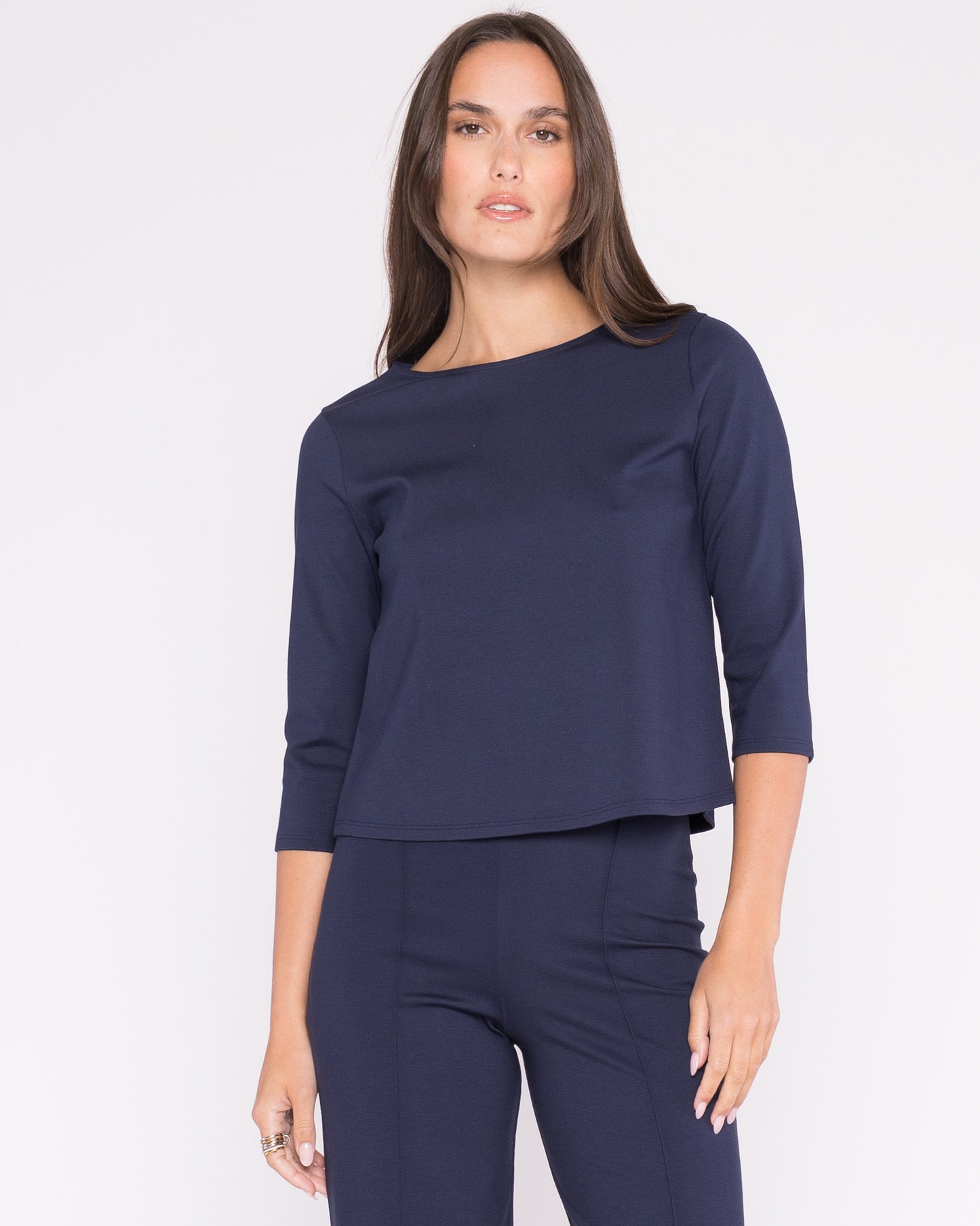 Navy Ponte Knit 3/4 Sleeve Top