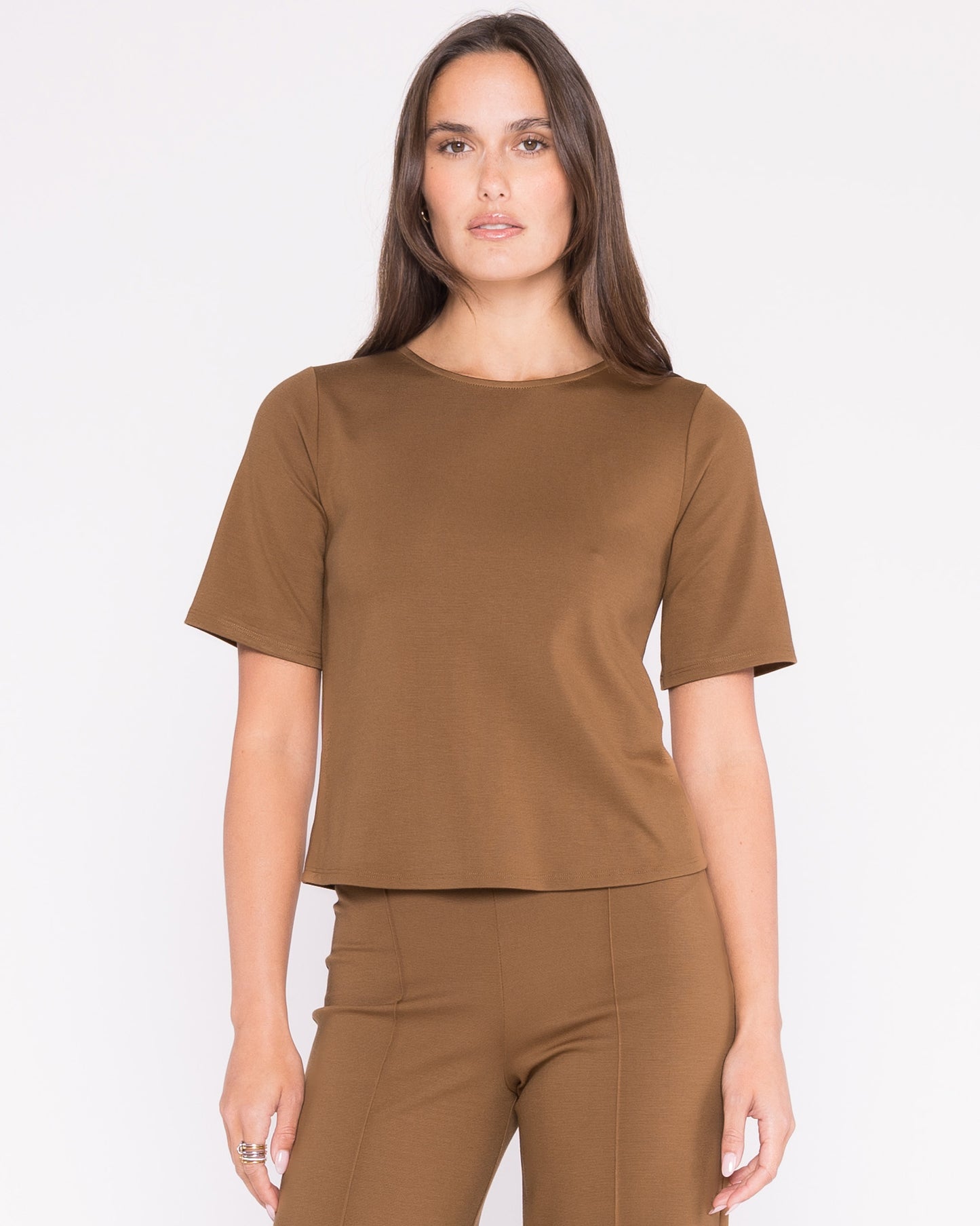 Camel Ponte Knit Short Sleeve Top Extended