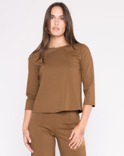 Camel Ponte Knit 3/4 Sleeve Top