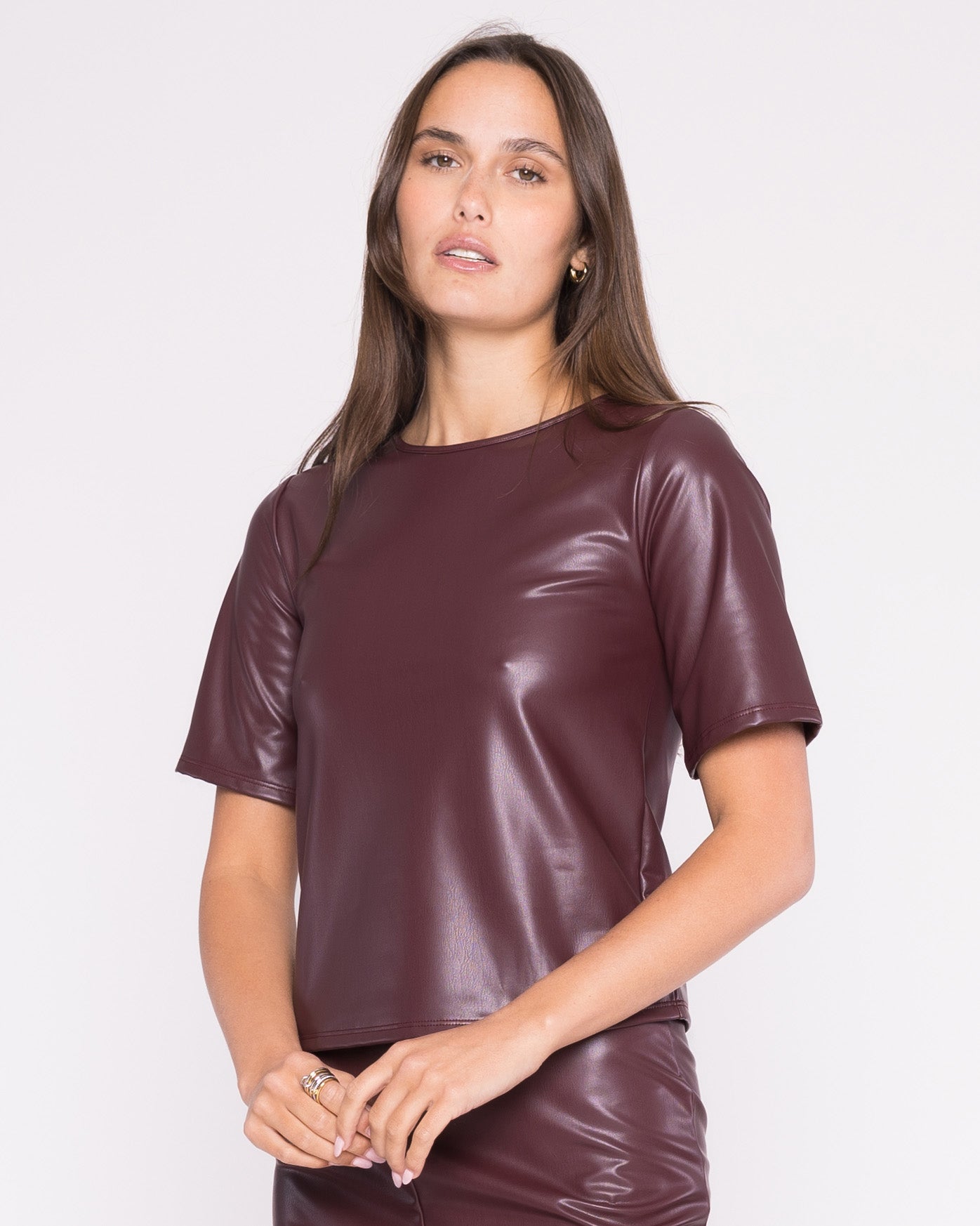 Oxblood Vegan Leather Short Sleeve Top Extended