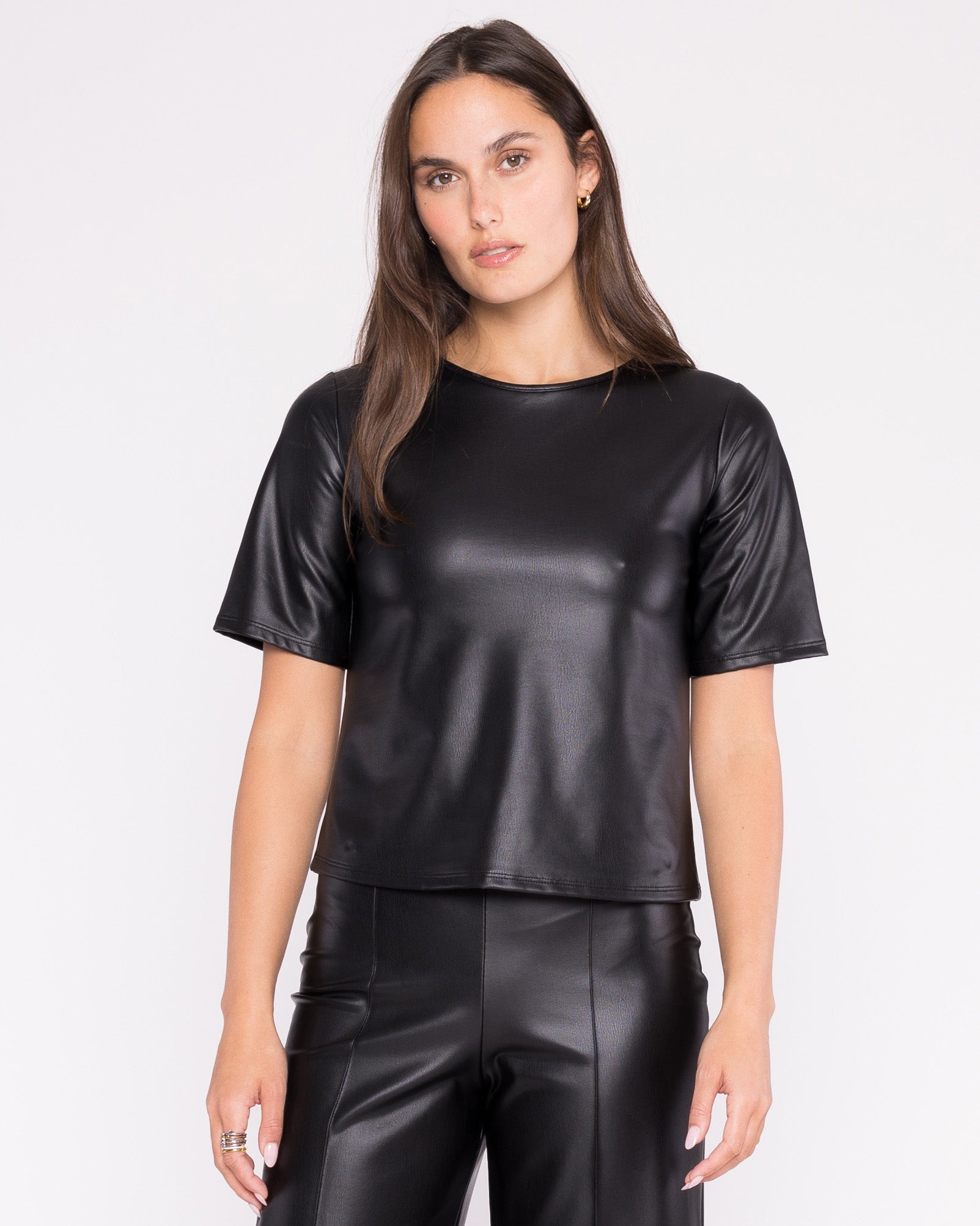 Black Vegan Leather Short Sleeve Top Extended | Ripley Rader