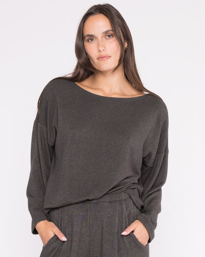 Charcoal Sweater Knit Boat Neck Top