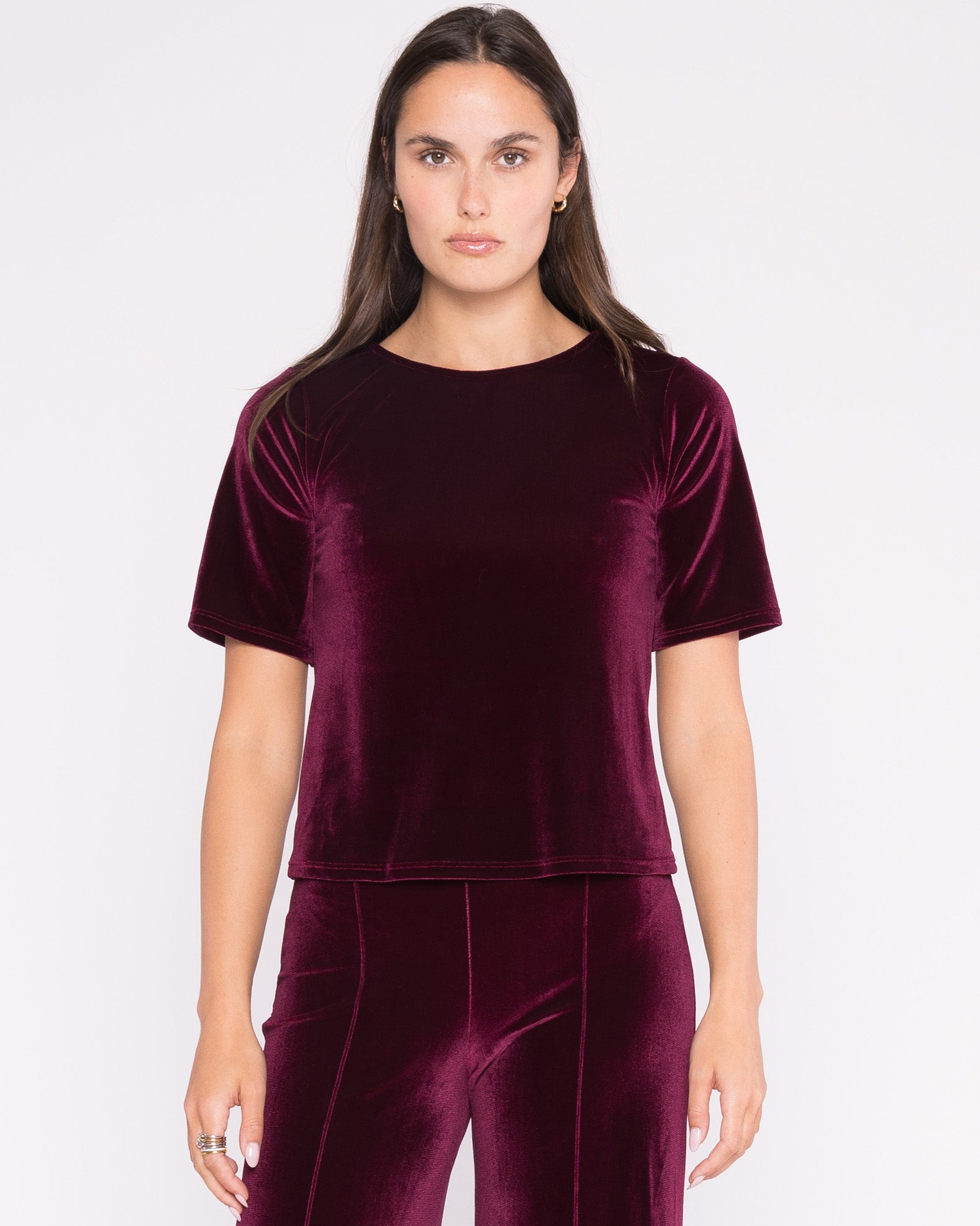 Merlot Stretch Velvet Extended Short Sleeve Top | Ripley Rader