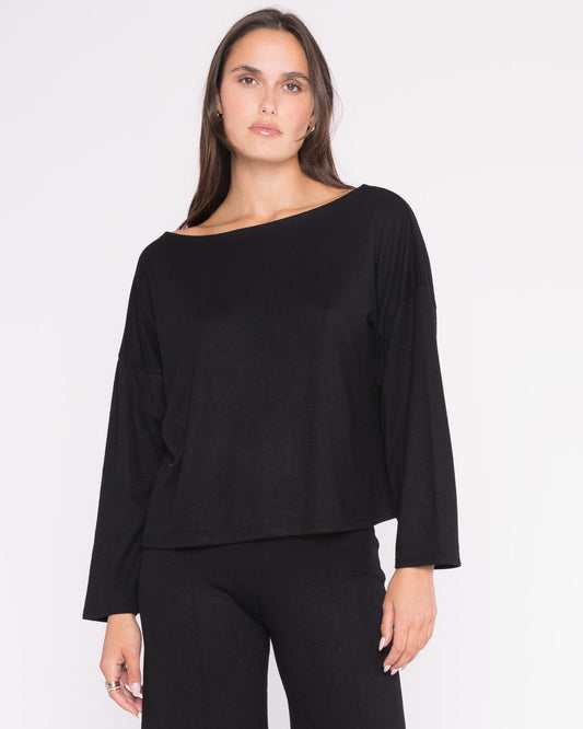 Black Sweater Knit Boat Neck Top