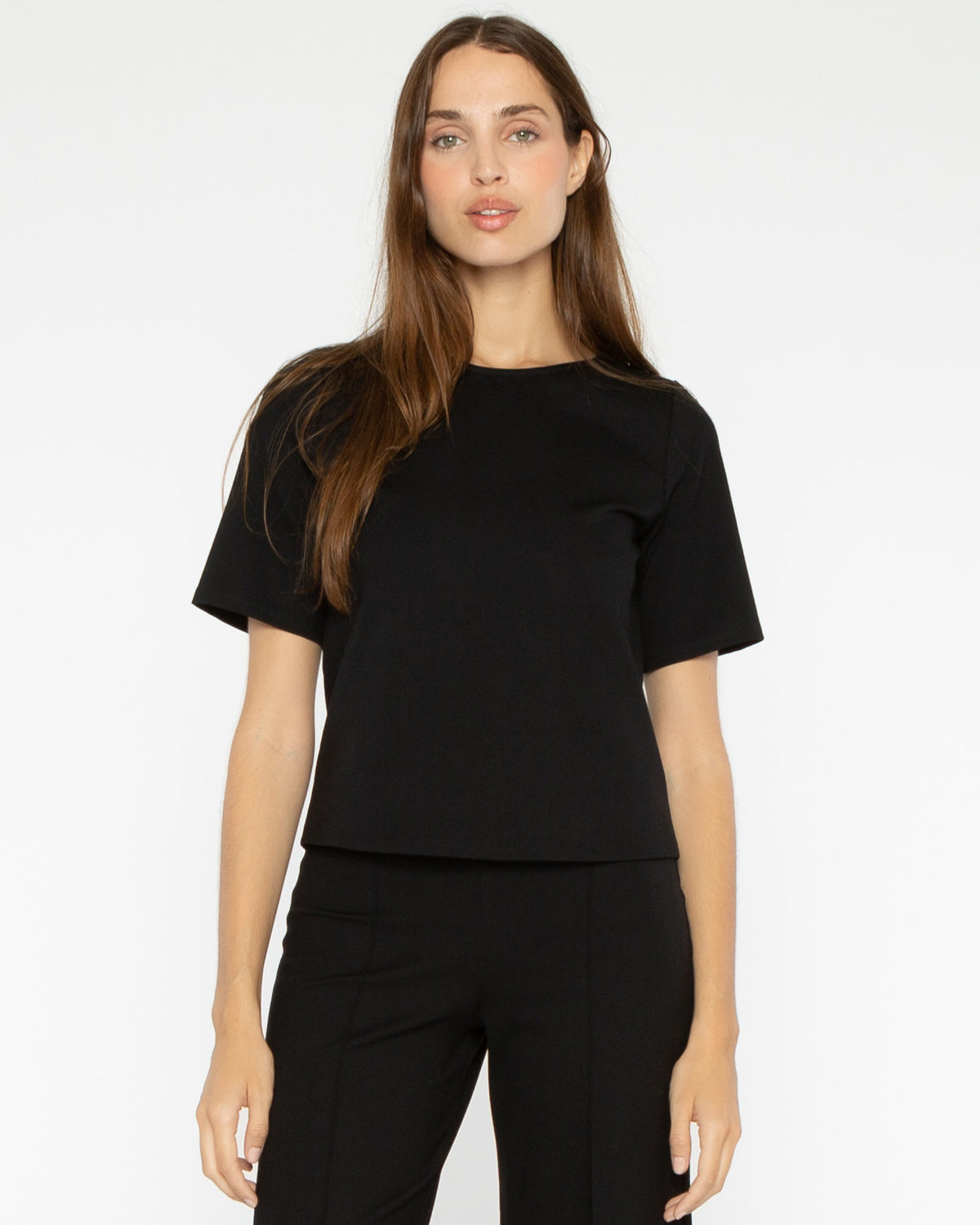 Black Ponte Knit Short Sleeve Top Extended