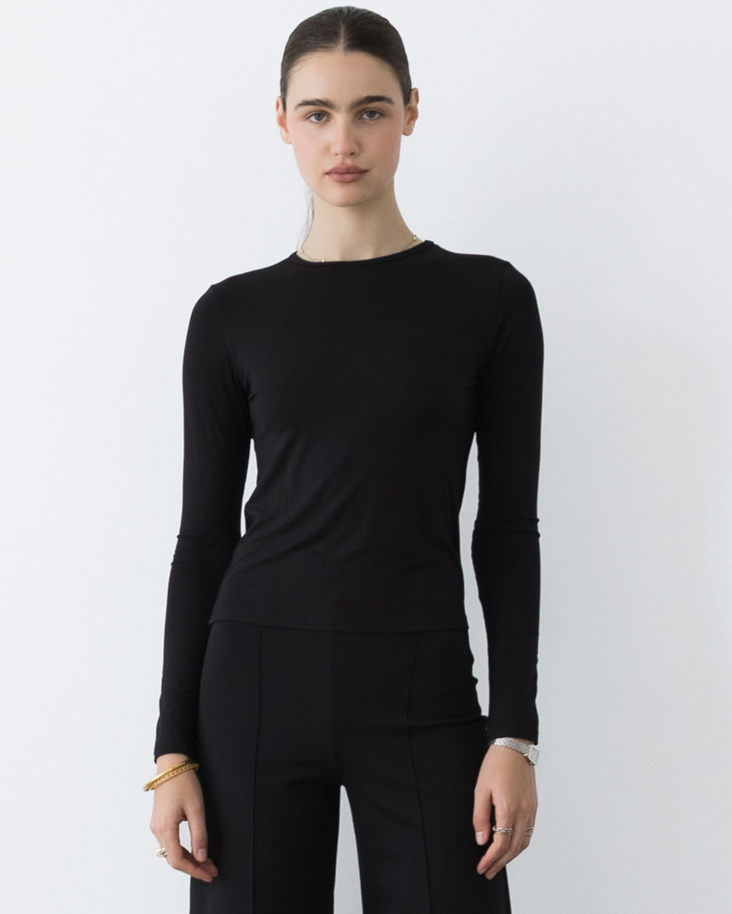Black Modal Fitted Long Sleeve Tee