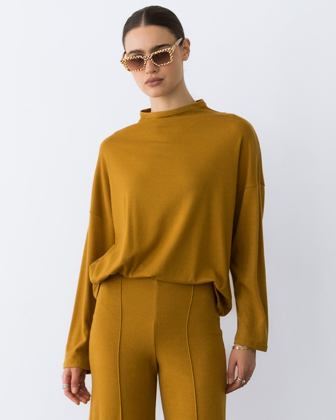 Saffron Sweater Knit Funnel Neck Top
