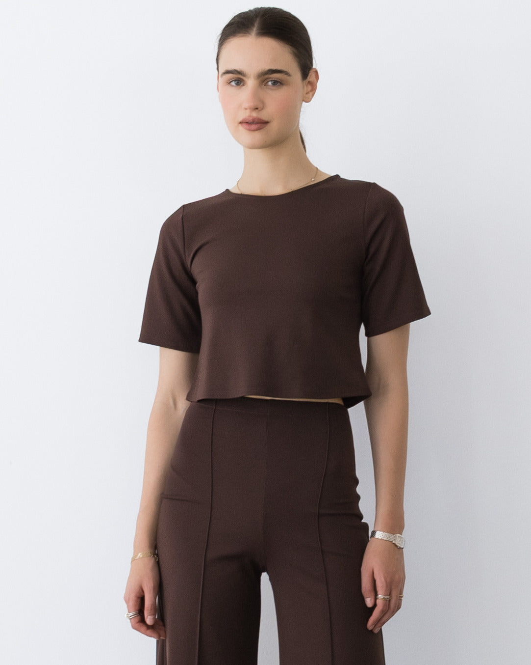 Chocolate Ponte Knit Short Sleeve Top