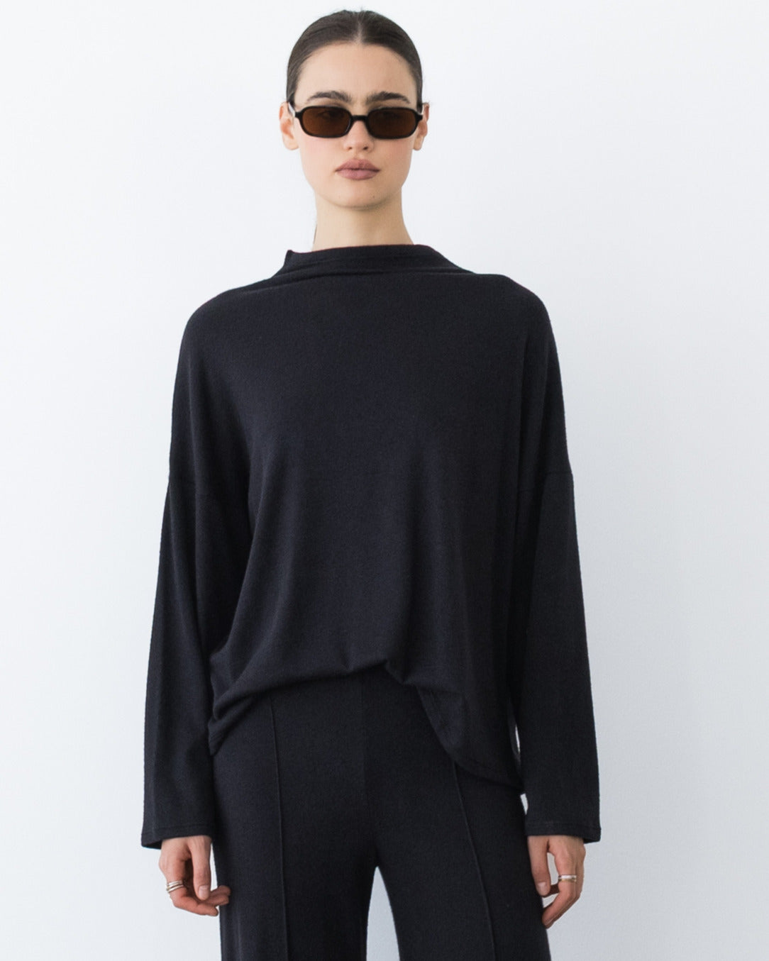 Black Sweater Knit Funnel Neck Top