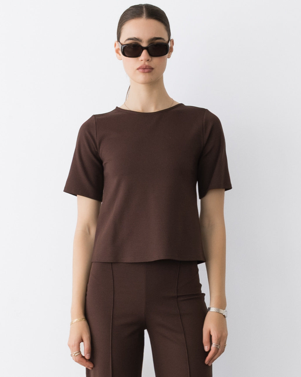 Chocolate Ponte Knit Extended Short Sleeve Top