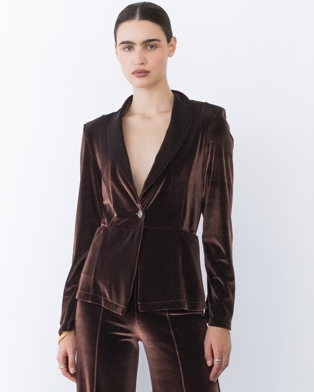 Chocolate Stretch Velvet Fitted Blazer