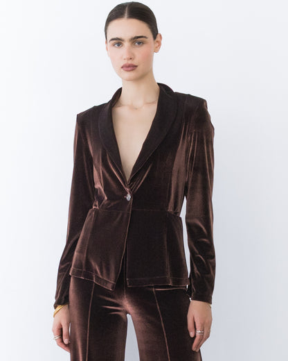 Chocolate Stretch Velvet Fitted Blazer