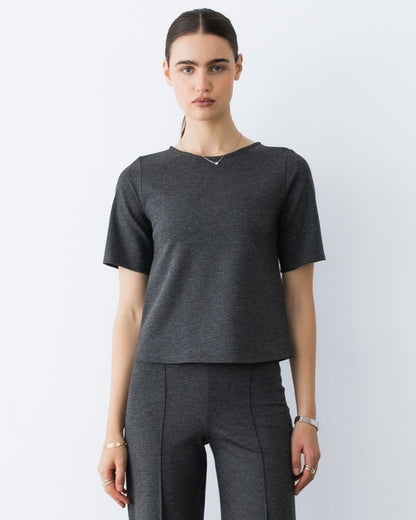 Charcoal Ponte Knit Extended Short Sleeve Top