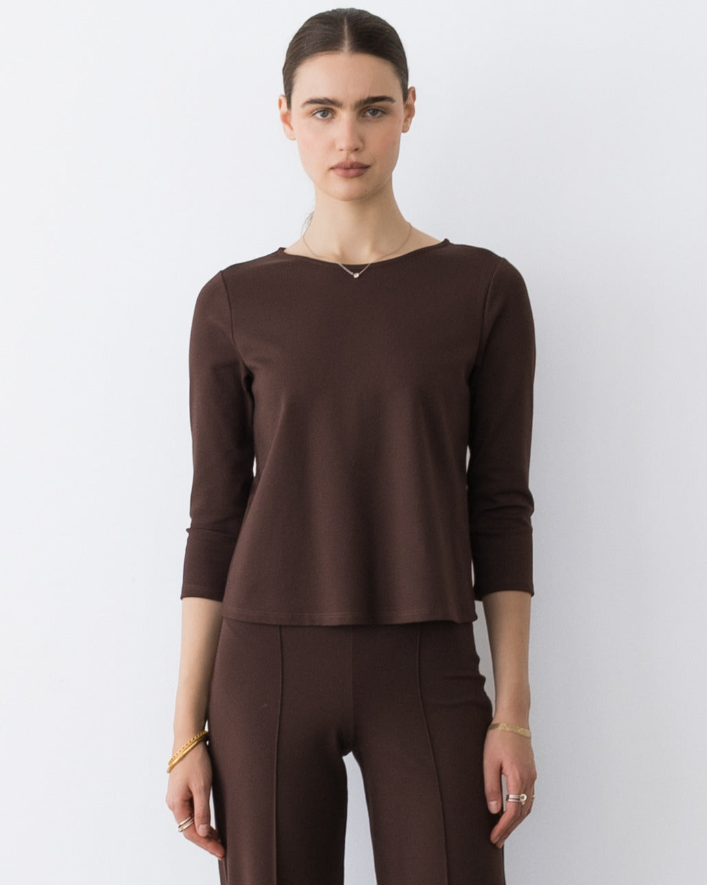 Chocolate Ponte Knit 3/4 Sleeve Top