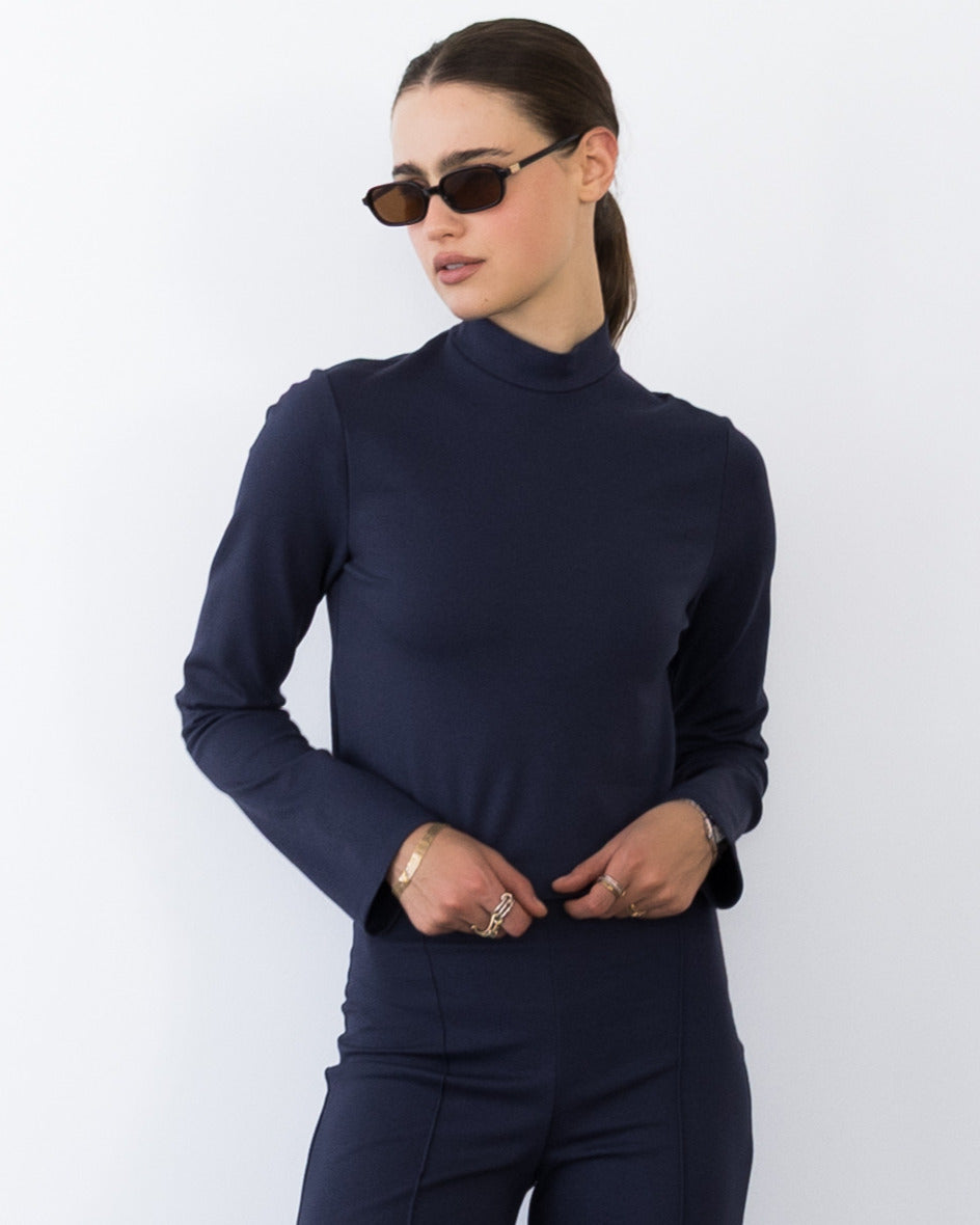 Navy Ponte Knit Mock Turtleneck