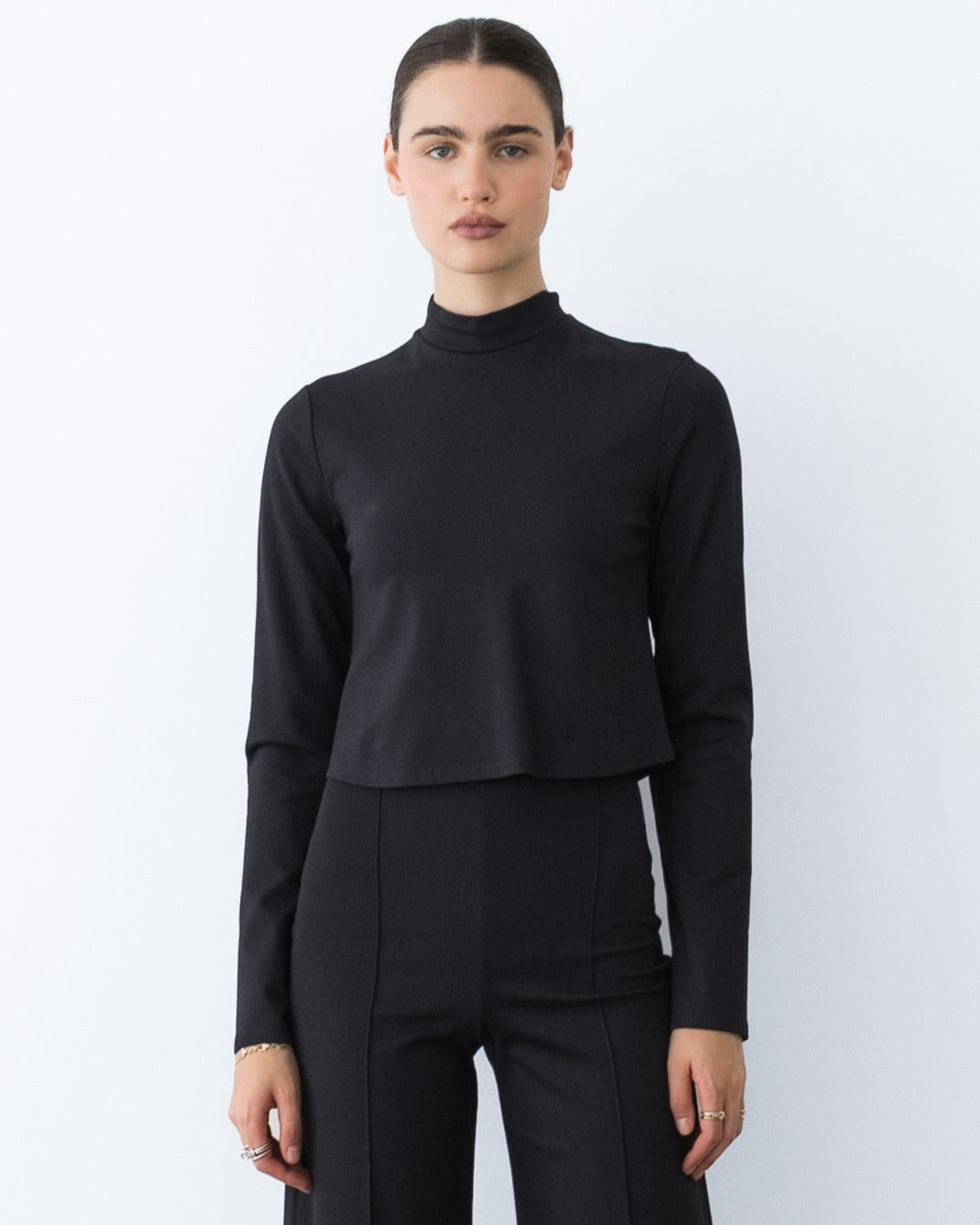 Black Ponte Knit Mock Turtleneck Top