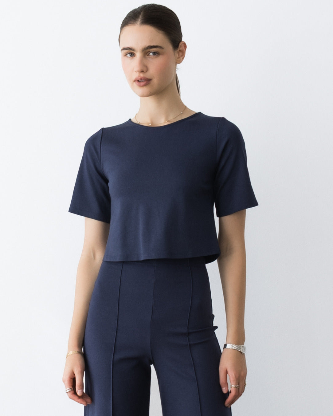 Navy Ponte Knit Short Sleeve Top